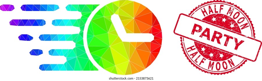Sello de sello del HALF MOON PARTY rojo redondo y con icono de reloj bajo con gradiente de color de espectro. Ilustración de icono poligonal de reloj de color triangulado.
