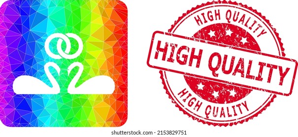 Red round scratched HIGH QUALITY seal and lowpoly wedding swans icon with spectrum vibrant gradient.