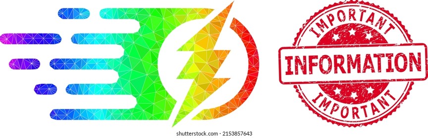 Red round scratched IMPORTANT INFORMATION stamp seal and low-poly electric spark icon with rainbow vibrant gradient.