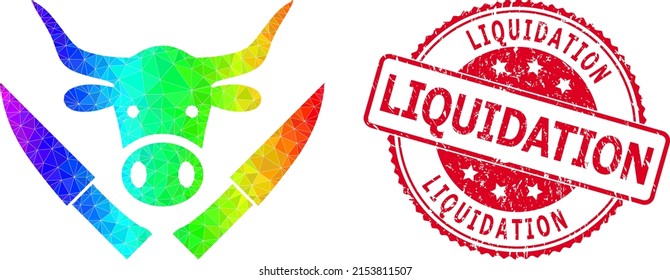 Red round scratched LIQUIDATION stamp and lowpoly butchery knives icon with spectral colored gradient. Triangulated spectral colored butchery knives polygonal 2d illustration.