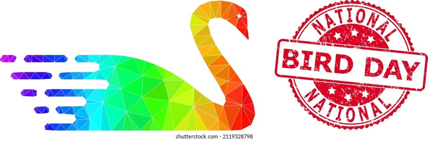 Red round scratched NATIONAL BIRD DAY stamp and lowpoly swan icon with spectral colored gradient.