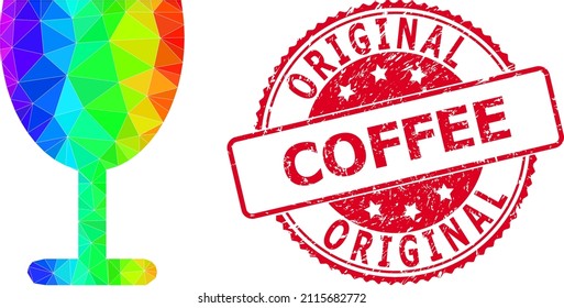 Red round scratched ORIGINAL COFFEE stamp seal and lowpoly wine cup icon with spectral colored gradient.