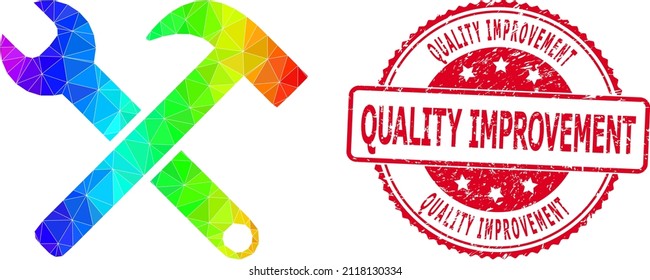 Red round scratched QUALITY IMPROVEMENT seal and low-poly service tools icon with rainbow colored gradient. Triangulated spectrum colorful service tools polygonal symbol illustration.
