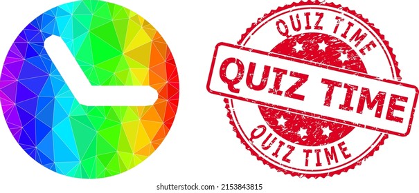 Red round scratched QUIZ TIME seal and lowpoly time icon with spectral colorful gradient. Triangulated spectrum colorful time polygonal symbol illustration.