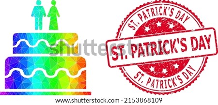 Red round scratched ST. PATRICK'S DAY stamp seal and lowpoly marriage cake icon with spectral colored gradient. Triangulated spectral colored marriage cake polygonal icon illustration. and St.