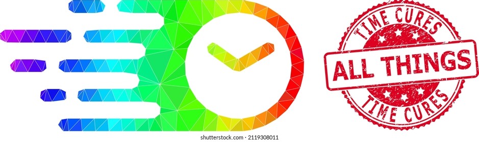 TIME arañado de forma redondeada y roja CURES TODAS LAS COSAS sellan e icono de velocidad baja con gradiente de color de espectro. Ilustración 2d de velocidad vibrante espectral triangulada.