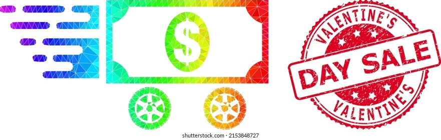 Red round scratched VALENTINE'S DAY SALE stamp seal and low-poly dollar car icon with rainbow colored gradient.