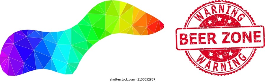 Red round scratched WARNING BEER ZONE seal and lowpoly spot icon with spectrum vibrant gradient.