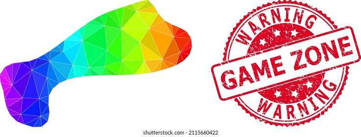 Red round scratched WARNING GAME ZONE stamp seal and low-poly spot icon with spectral colorful gradient.