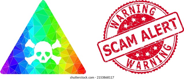 Red round scratched WARNING SCAM ALERT badge and lowpoly skull toxic warning icon with rainbow colored gradient. Triangulated spectral colored skull toxic warning polygonal icon illustration.