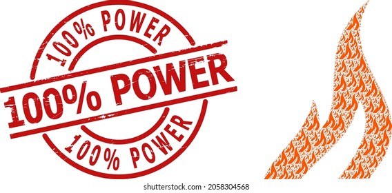 Red round seal contains 100 Percent Power caption inside circle. Vector fire composition is formed of randomized fractal fire pictograms. Textured 100 Percent Power stamp seal, and fire icon fractal