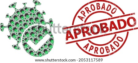 Red round seal contains Aprobado title inside circle. Vector virus confirmed fractal is created of repeating recursive virus confirmed pictograms. Textured Aprobado imprint,