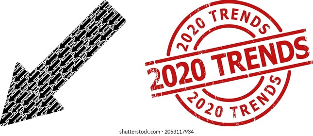 Red round seal has 2020 Trends text inside circle. Vector left down arrow composition is done from randomized recursive left down arrow elements. Rubber 2020 Trends imprint,