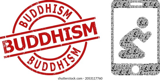 Red round seal has Buddhism caption inside circle. Vector pray app fractal is done of randomized fractal pray app elements. Distress Buddhism seal, and pray app icon fractal composition.