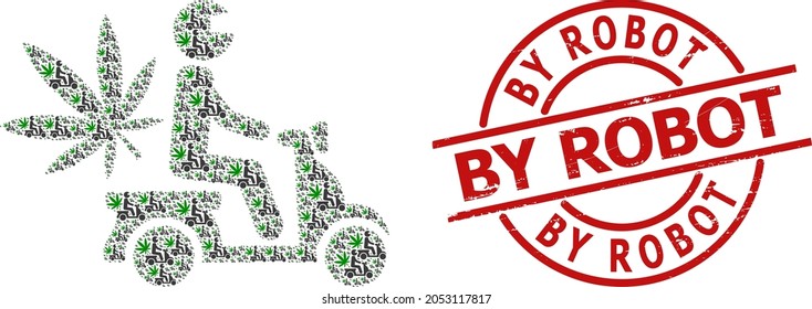 El sello rojo redondo tiene texto By Robot dentro del círculo. El collage de reparto de motocicletas Vector marihuana se forma a partir de íconos de distribución de motocicletas de marihuana. Escrachado Por Sello Robot,