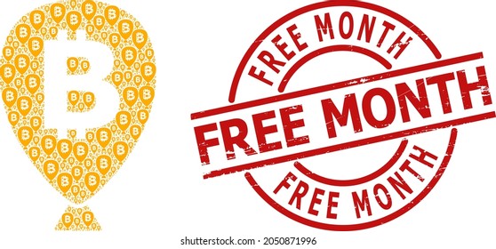 Red round seal has Free Month text inside circle. Vector bitcoin balloon collage is created from randomized itself bitcoin balloon icons. Textured Free Month imprint,