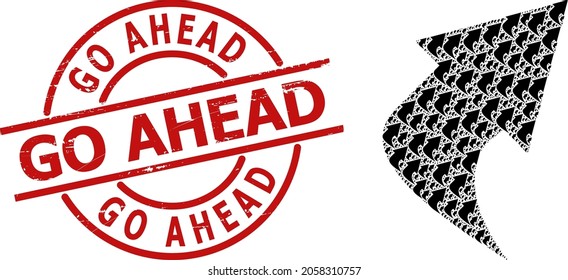Red round seal has Go Ahead text inside circle. Vector upload arrow mosaic is made from random fractal upload arrow items. Rubber Go Ahead stamp, and upload arrow icon fractal composition.