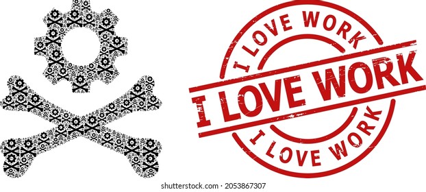 Red round seal has I Love Work text inside circle. Vector death mechanics composition is made of random fractal death mechanics elements. Textured I Love Work stamp,