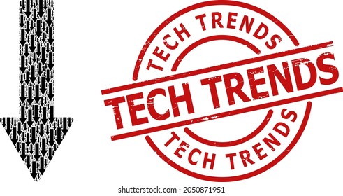 Red round seal has Tech Trends caption inside circle. Vector down arrow composition is created from randomized itself down arrow elements. Scratched Tech Trends badge,
