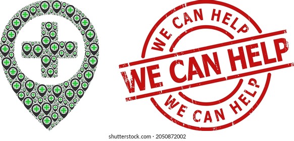 Red round seal has We Can Help tag inside circle. Vector hospital map pointer fractal is composed of randomized itself hospital map pointer icons. Distress We Can Help seal,