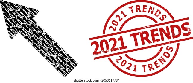 El sello rojo redondo incluye la leyenda 2021 Trends dentro del círculo. La composición de la flecha hacia arriba hacia el vector se crea a partir de los pictogramas de flecha hacia arriba hacia arriba y hacia abajo. Insignia de tendencias de la aflicción 2021,
