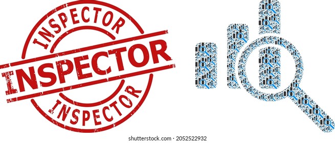 Red round seal includes Inspector caption inside circle. Vector expore bar chart fractal is composed from random fractal expore bar chart items. Rubber Inspector stamp seal,