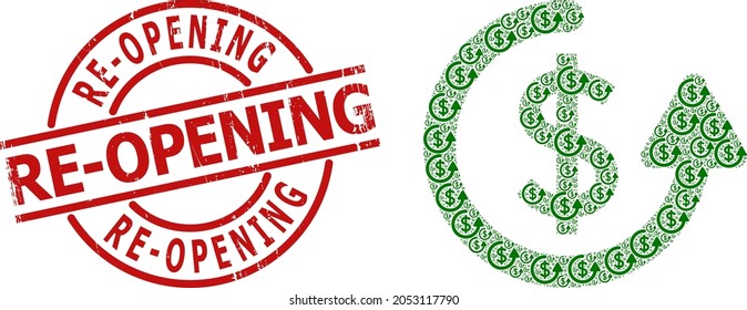 Red round seal includes Re-Opening text inside circle. Vector repeat payment fractal is composed from random itself repeat payment items. Textured Re-Opening watermark,