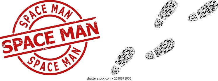 Red round seal includes Space Man tag inside circle. Vector human footprints trail composition is composed with randomized recursive human footprints trail elements. Grunge Space Man badge,