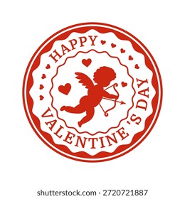 Sello redondo rojo del sello con Cupido para el día de San Valentín feliz. Aislado sobre fondo blanco. Ilustración vectorial.