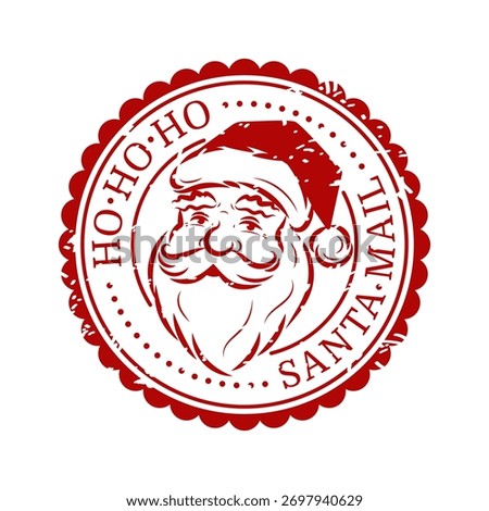 Red round seal stamp with Santa Claus effect texture. Isolated on white background. New Year and Christmas design. Vector illustration.