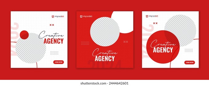 Red round shape corporate social media post design, business square minimal template set