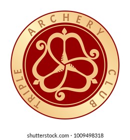Red round shield decorated with a three gold bows and arrows woven into a classic triskelion. Original vector sign with a text in a circle Triple Archery Club. Useful like a logo, icon, seal, tattoo.