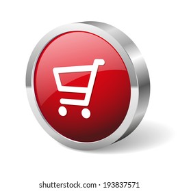 Red round shop button with metallic border on white background