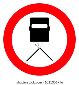 Red round sign, black welder mask and electrodes, vector