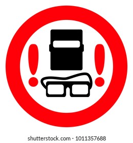 Red round sign, black welder mask and special glasses, exclamation point, vector