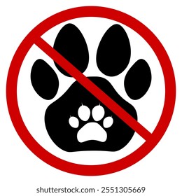 Red round sign with crossed-out animal paw, meaning "no entry for animals".