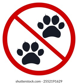 Red round sign with crossed-out animal paw meaning "no entry for animals".