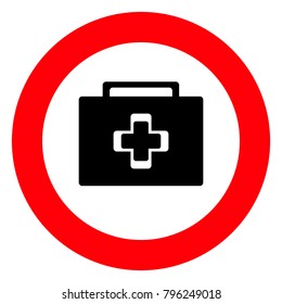 Red round sign, first aid kit for sick black on white background, vector