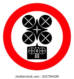 Red round sign, flying drone and control panel, black on white background, vector