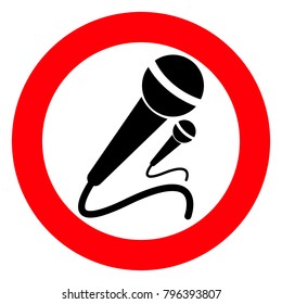 Red round sign, microphone black on white background, vector