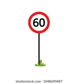 Red round sign with number 60 - indicate maximum speed limit. Flat vector design for book of traffic rules, mobile app or infographic poster