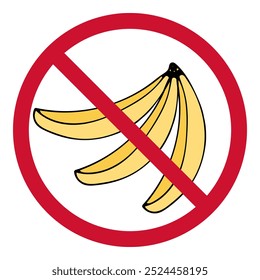 Red round sign prohibiting bananas. Banana eating prohibition. Banana food allergy. Colored doodle illustration isolated on white background. Hand drawn.