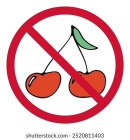 Red round sign prohibiting cherries. Prohibition of eating fruits and berries. Food allergy to cherries. Food prohibition. Colored doodle illustration isolated on white background. Hand drawn.