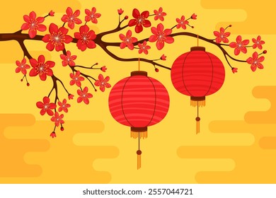 Red round silk or paper Asian lanterns hang on a branch with red sakura flowers, yellow background. Chinese lanterns. Lunar New Year, Chinese New Year, Tet. Spring apricot, cherry or apple flowers.