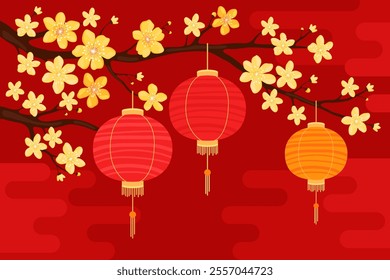 Red round silk or paper Asian lanterns hang on a branch with yellow apricot flowers, red background. Chinese lanterns. Lunar New Year, Chinese New Year, Tet. Spring sakura, cherry or apple flowers.