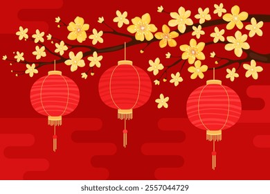 Red round silk or paper Asian lanterns hang on a branch with yellow apricot flowers, red background. Chinese lanterns. Lunar New Year, Chinese New Year, Tet. Spring sakura, cherry or apple flowers.