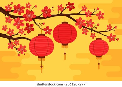 Red round silk or paper Asian lanterns hang on a branch with red sakura flowers, yellow background. Chinese lanterns. Lunar New Year, Chinese New Year, Tet. Spring apricot, cherry or apple flowers.