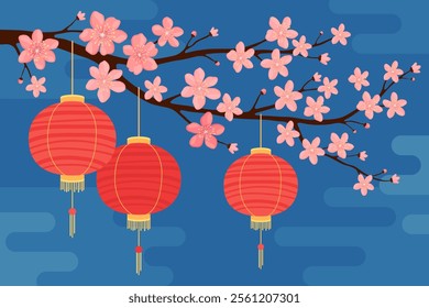 Red round silk or paper Asian lanterns hang on a branch with pink sakura flowers, blue background. Chinese lanterns. Lunar New Year, Chinese New Year, Tet. Spring cherry flowers.