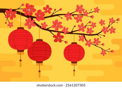 Red round silk or paper Asian lanterns hang on a branch with red sakura flowers, yellow background. Chinese lanterns. Lunar New Year, Chinese New Year, Tet. Spring apricot, cherry or apple flowers.