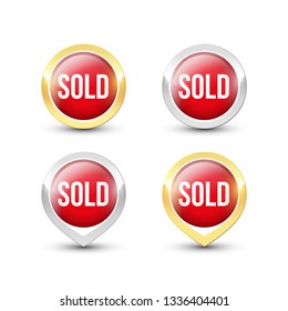 Red round SOLD buttons and pointers with metallic gold and silver border. Vector label icons isolated on white background.